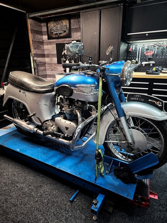 1961 Triumph Tiger T110 on the Angloclassics workshop lift