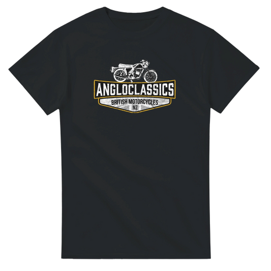 Angloclassics logo t-shirt in black cotton — classic British motorcycle brand tee NZ