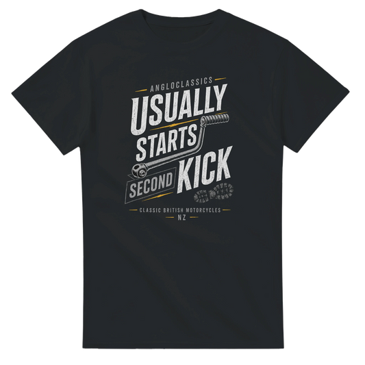 Usually Starts Second Kick t-shirt — classic British bike kickstart humour design NZ
