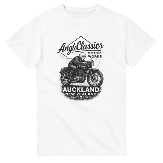 Angloclassics Motor Works t-shirt — vintage British twin illustration Auckland NZ design