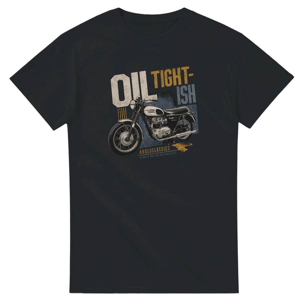 Angloclassics Oil Tight-ish t-shirt — tongue-in-cheek classic British bike ownership tee NZ