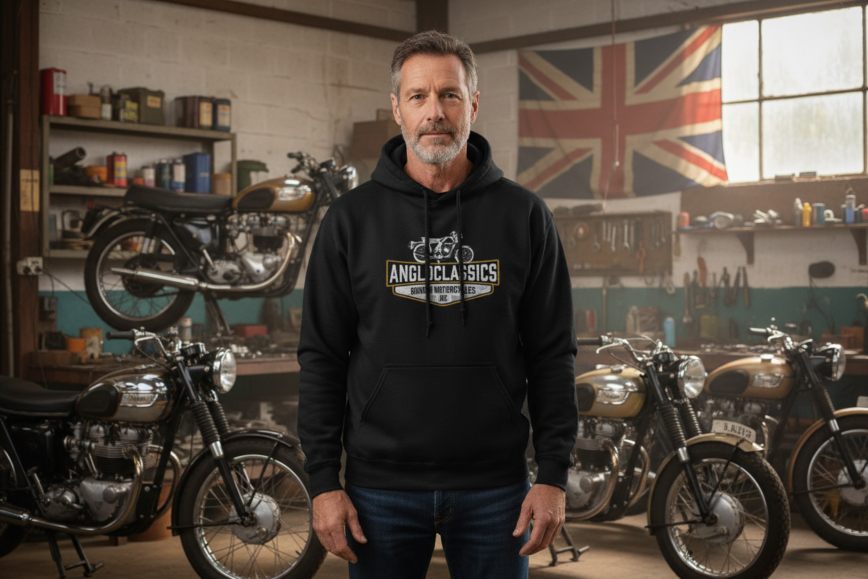 Black hoodie with 'Angloclassics British Motorcycles' logo on a white background