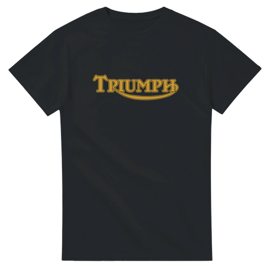 Triumph gold logo t-shirt on black cotton — classic British motorcycle tee NZ