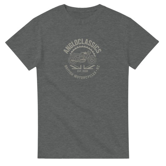 Angloclassics steel stamp t-shirt — vintage British bike silhouette Union Jack design NZ