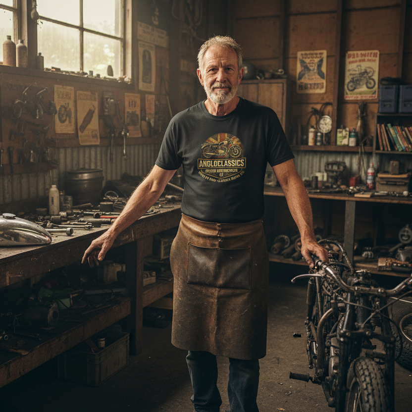 Black t-shirt with motorcycle graphic and 'Angloclassics' text on a white background