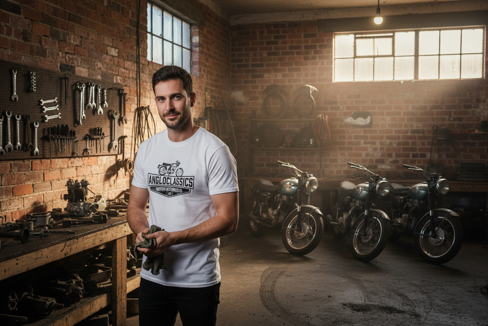 White t-shirt with Angloclassics British Motorcycles NZ logo on a white background