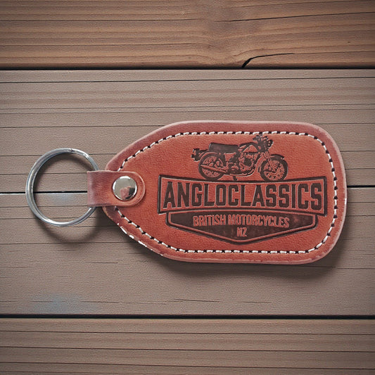 Angloclassics tan faux leather keyring — classic British motorcycle gift NZ